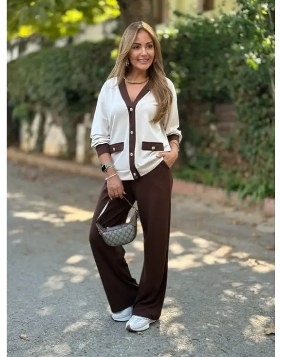 Kadın Uzun Kollu Ribanali Cep Detay Hırka Ve Bol Paça Pantolon Ikili Takım