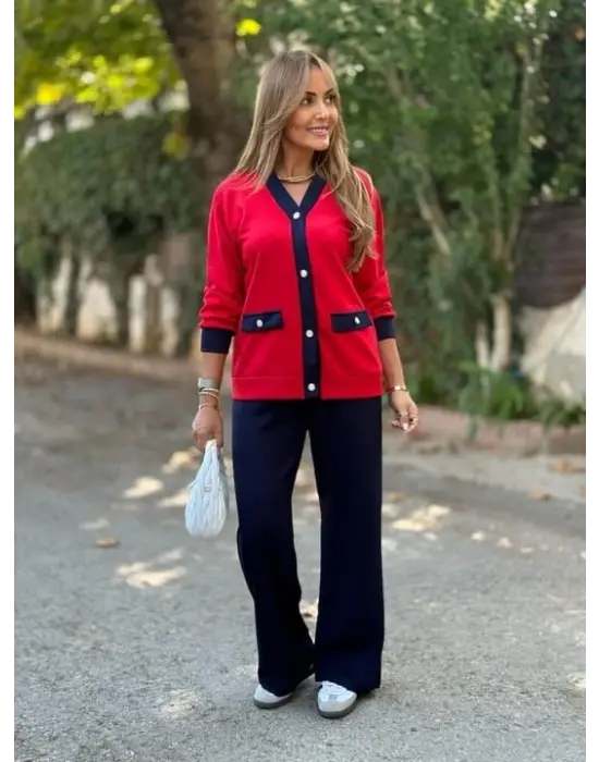 Kadın Uzun Kollu Ribanali Cep Detay Hırka Ve Bol Paça Pantolon Ikili Takım