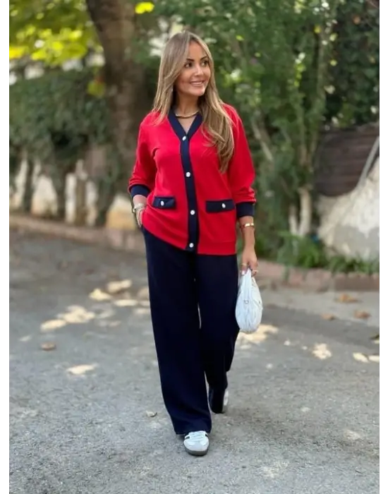 Kadın Uzun Kollu Ribanali Cep Detay Hırka Ve Bol Paça Pantolon Ikili Takım