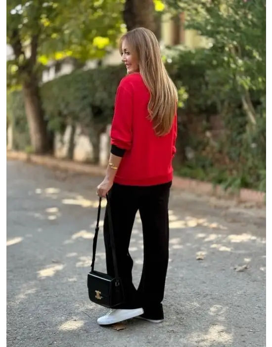 Kadın Uzun Kollu Ribanali Cep Detay Hırka Ve Bol Paça Pantolon Ikili Takım