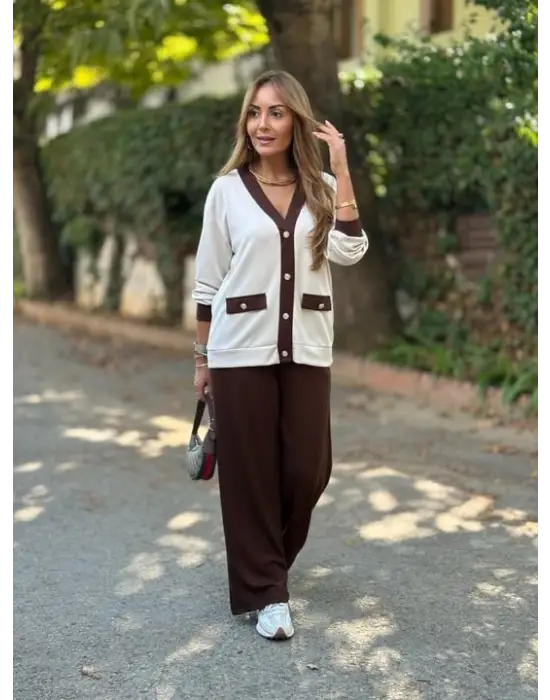 Kadın Uzun Kollu Ribanali Cep Detay Hırka Ve Bol Paça Pantolon Ikili Takım