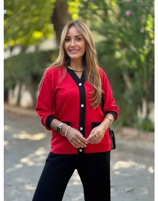 Kadın Uzun Kollu Ribanali Cep Detay Hırka Ve Bol Paça Pantolon Ikili Takım