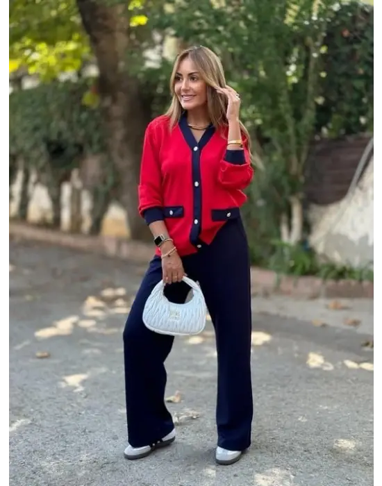 Kadın Uzun Kollu Ribanali Cep Detay Hırka Ve Bol Paça Pantolon Ikili Takım