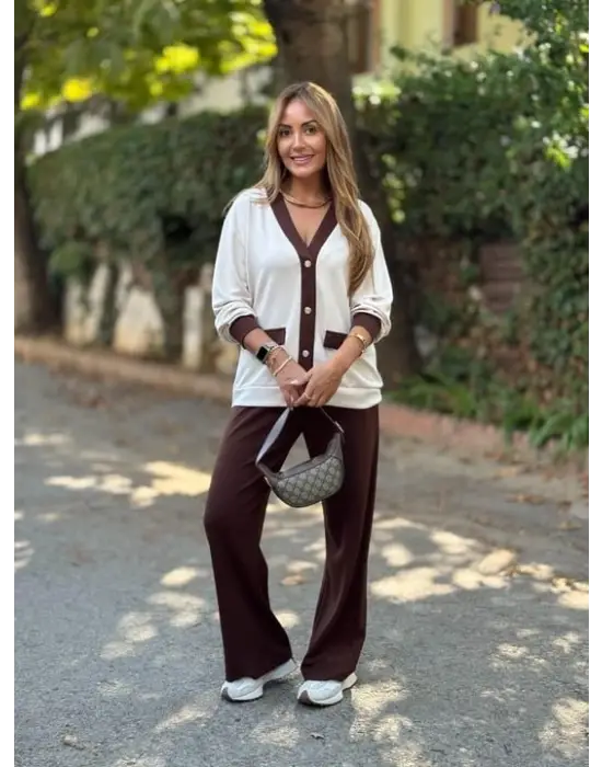 Kadın Uzun Kollu Ribanali Cep Detay Hırka Ve Bol Paça Pantolon Ikili Takım