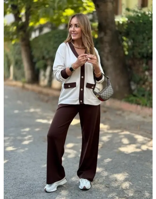 Kadın Uzun Kollu Ribanali Cep Detay Hırka Ve Bol Paça Pantolon Ikili Takım