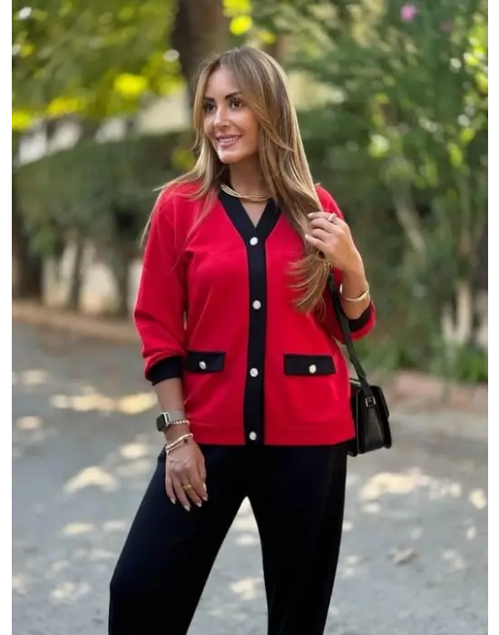 Kadın Uzun Kollu Ribanali Cep Detay Hırka Ve Bol Paça Pantolon Ikili Takım