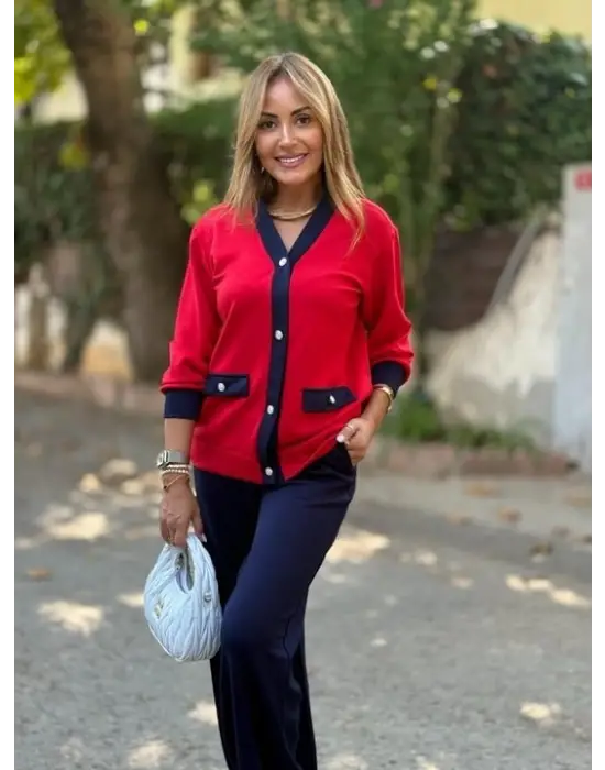 Kadın Uzun Kollu Ribanali Cep Detay Hırka Ve Bol Paça Pantolon Ikili Takım