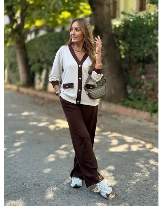 Kadın Uzun Kollu Ribanali Cep Detay Hırka Ve Bol Paça Pantolon Ikili Takım