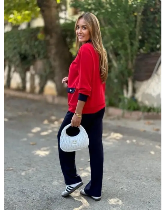 Kadın Uzun Kollu Ribanali Cep Detay Hırka Ve Bol Paça Pantolon Ikili Takım