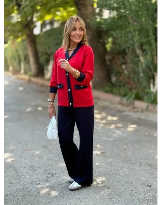 Kadın Uzun Kollu Ribanali Cep Detay Hırka Ve Bol Paça Pantolon Ikili Takım