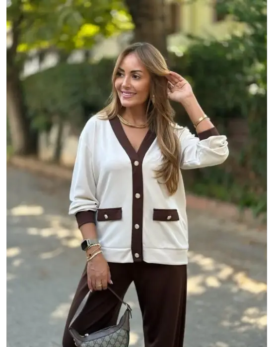 Kadın Uzun Kollu Ribanali Cep Detay Hırka Ve Bol Paça Pantolon Ikili Takım