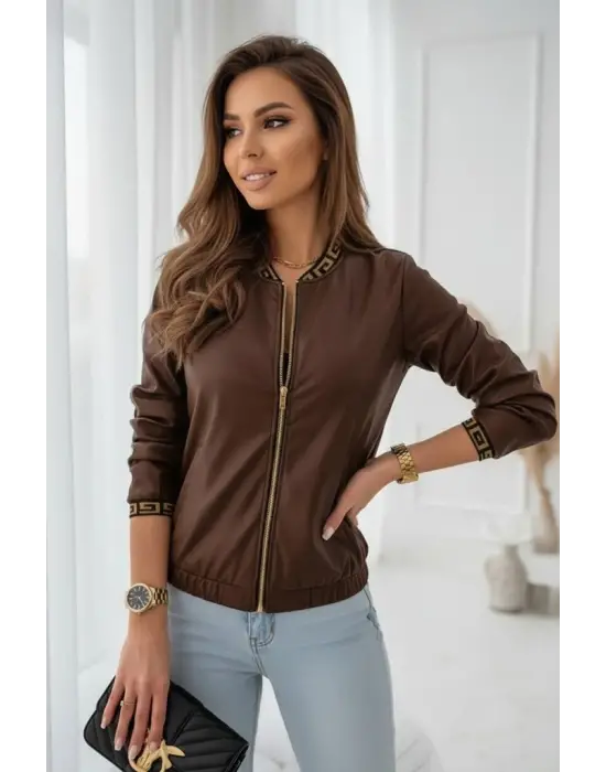 Kadın Uzun Kollu Ribanalı önden Fermuarlı Deri Ceket
