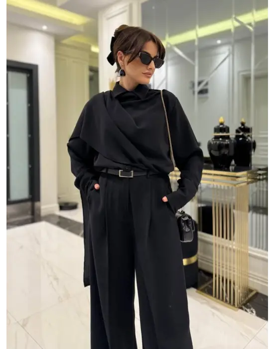 Kadın Uzun Kollu şal Detaylı Bluz Ve Pantolon Ikili Takım