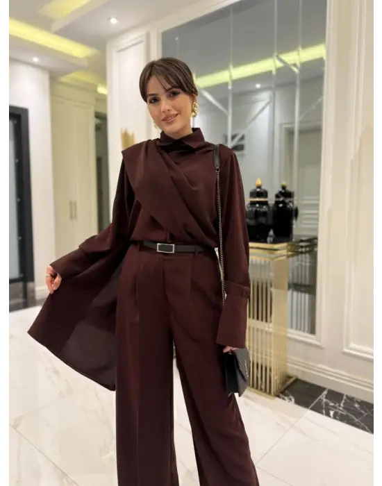 Kadın Uzun Kollu şal Detaylı Bluz Ve Pantolon Ikili Takım