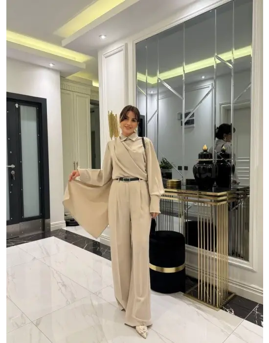 Kadın Uzun Kollu şal Detaylı Bluz Ve Pantolon Ikili Takım