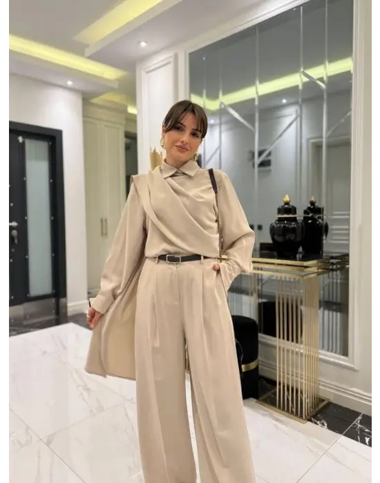 Kadın Uzun Kollu şal Detaylı Bluz Ve Pantolon Ikili Takım