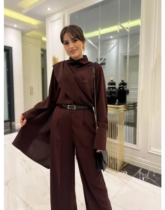 Kadın Uzun Kollu şal Detaylı Bluz Ve Pantolon Ikili Takım