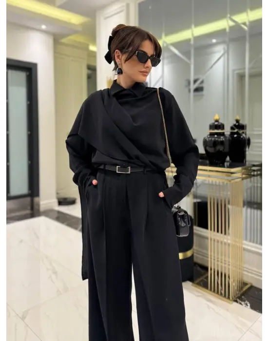 Kadın Uzun Kollu şal Detaylı Bluz Ve Pantolon Ikili Takım