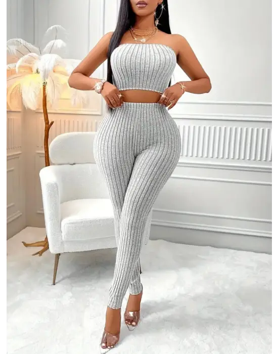 Kadın Uzun Kollu Straplez şardonlu Kaşkorse Bluz önü Düğmeli Ceket Ve Tayt Pantolonlu üçlü Takım