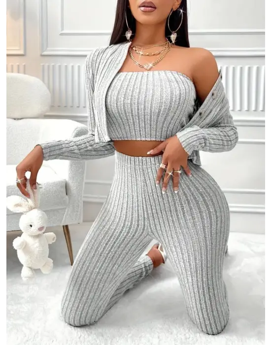 Kadın Uzun Kollu Straplez şardonlu Kaşkorse Bluz önü Düğmeli Ceket Ve Tayt Pantolonlu üçlü Takım