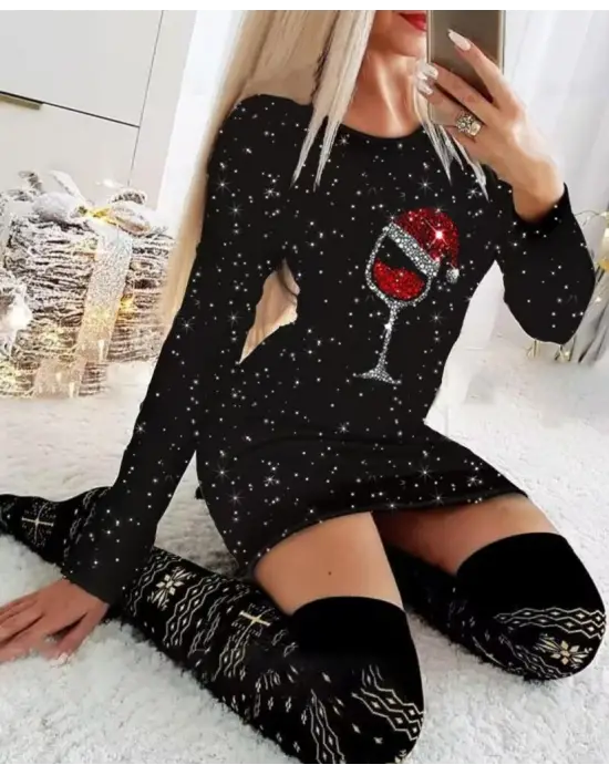 Kadın Uzun Kollu Taş Kadeh Baskı Mikro Kumaş Mini Boy Elbise (çorapsız)