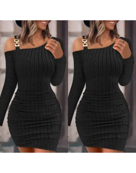 Kadın Uzun Kollu Tek Omuz Askı Detay Eteği Büzgülü şardonlu Kaşkorse Mini Elbise