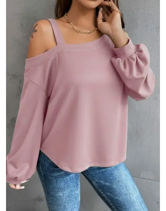 Kadın Uzun Kollu Tek Omuz Askı Detay Salaş Dalgıç Bluz