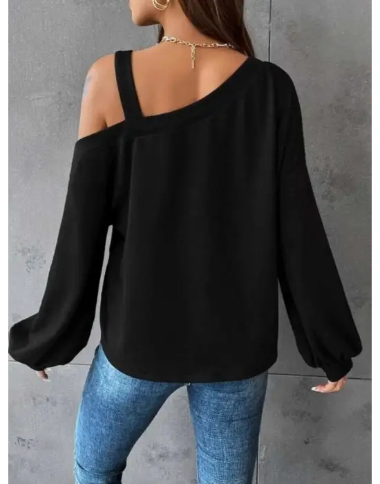 Kadın Uzun Kollu Tek Omuz Askı Detay Salaş Viskon Iki Iplik Bluz