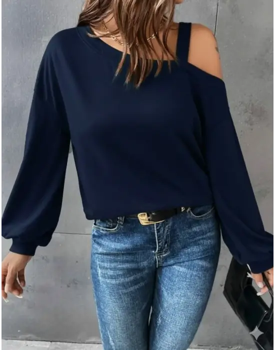 Kadın Uzun Kollu Tek Omuz Askı Detay Salaş Viskon Iki Iplik Bluz