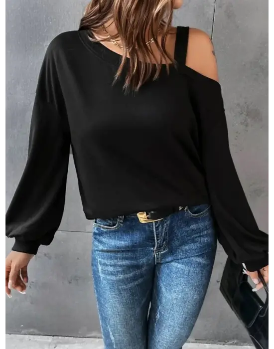 Kadın Uzun Kollu Tek Omuz Askı Detay Salaş Viskon Iki Iplik Bluz