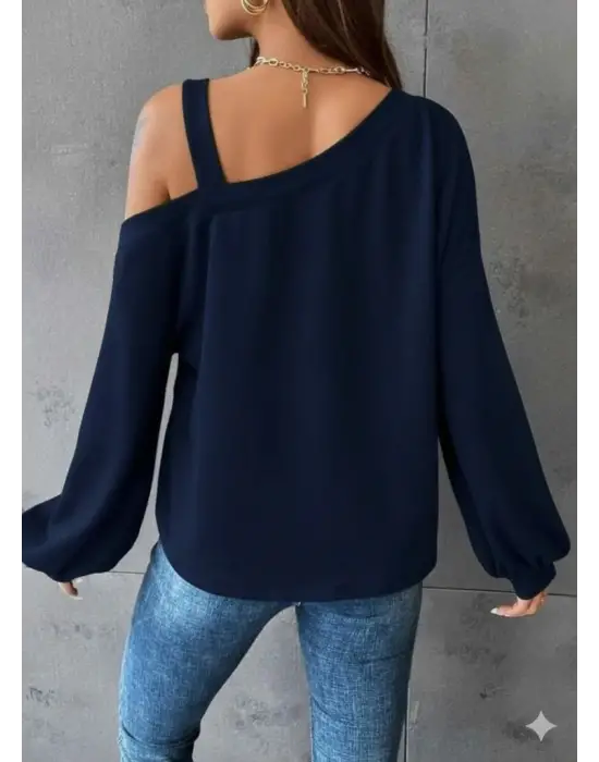 Kadın Uzun Kollu Tek Omuz Askı Detay Salaş Viskon Iki Iplik Bluz