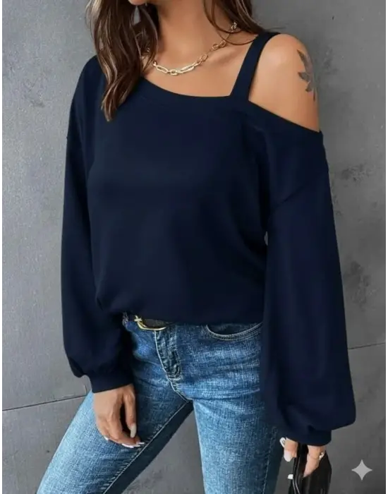 Kadın Uzun Kollu Tek Omuz Askı Detay Salaş Viskon Iki Iplik Bluz