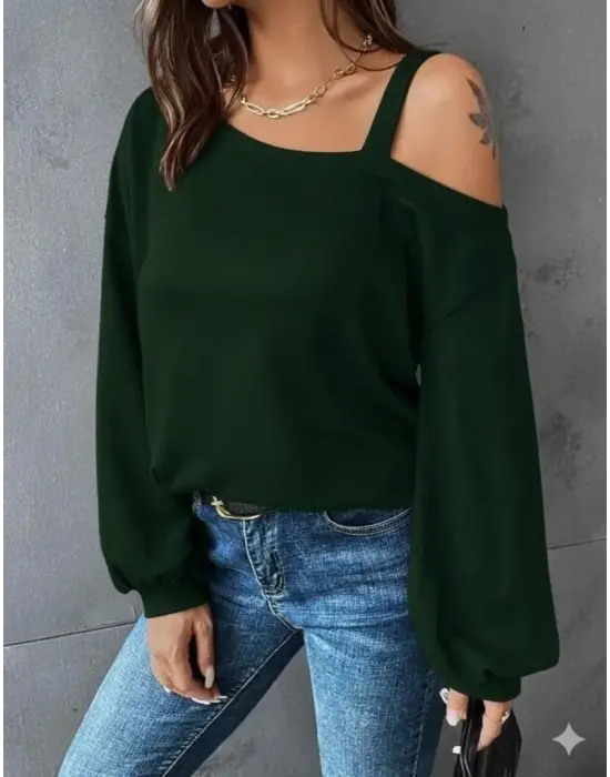 Kadın Uzun Kollu Tek Omuz Askı Detay Salaş Viskon Iki Iplik Bluz