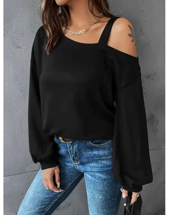 Kadın Uzun Kollu Tek Omuz Askı Detay Salaş Viskon Iki Iplik Bluz