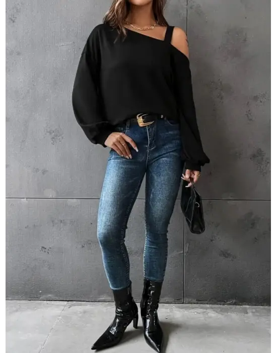 Kadın Uzun Kollu Tek Omuz Askı Detay Salaş Viskon Iki Iplik Bluz