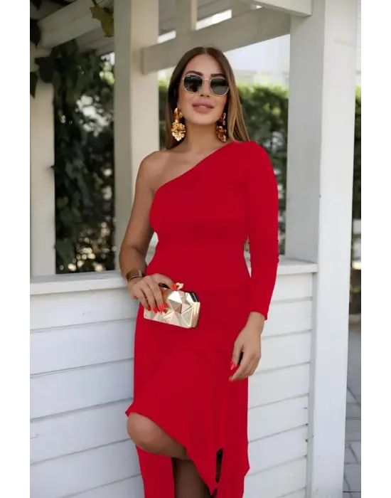 Kadın Uzun Kollu Tek Omuz Detay Krep Elbise