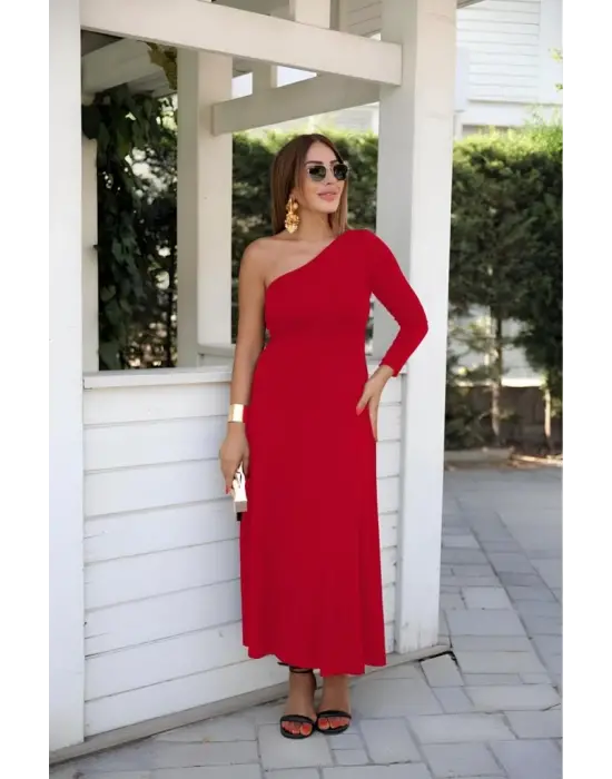 Kadın Uzun Kollu Tek Omuz Detay Krep Elbise