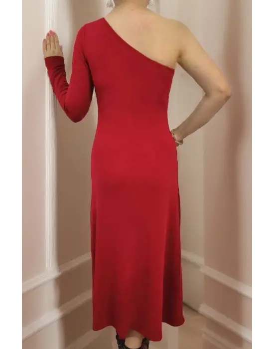Kadın Uzun Kollu Tek Omuz Detay Krep Elbise