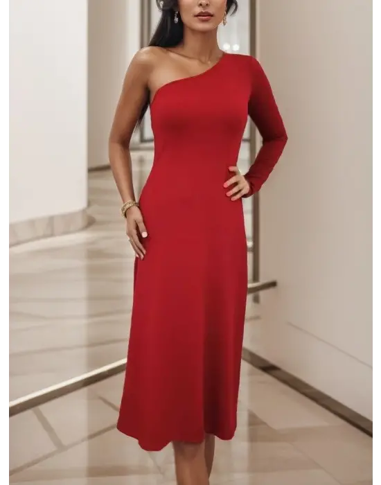 Kadın Uzun Kollu Tek Omuz Detay Krep Elbise