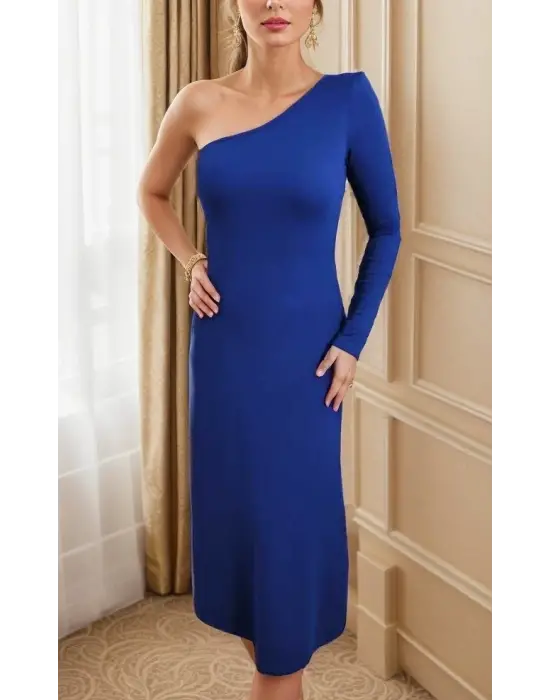 Kadın Uzun Kollu Tek Omuz Detay Krep Elbise