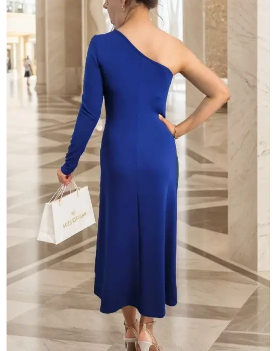 Kadın Uzun Kollu Tek Omuz Detay Krep Elbise
