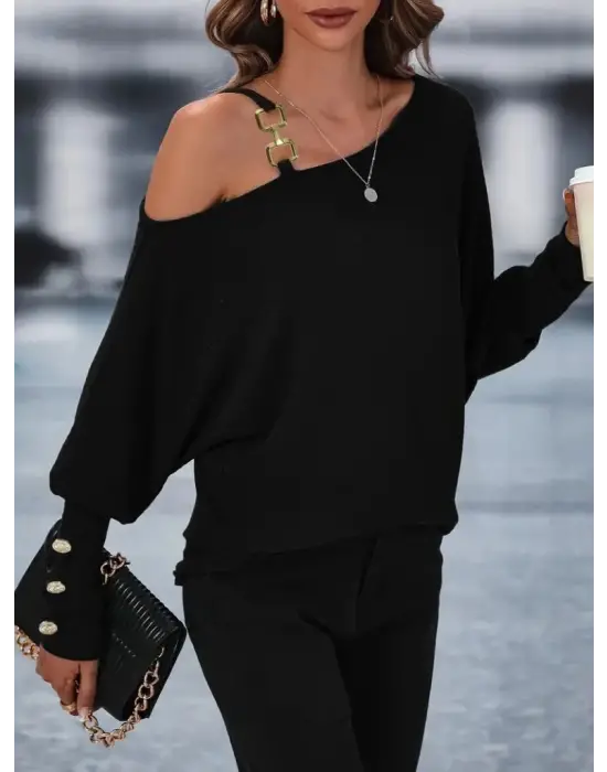 Kadın Uzun Kollu Tek Omuzdan Açık Askı Detaylı Waffle Bluz