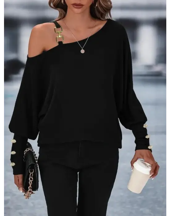 Kadın Uzun Kollu Tek Omuzdan Açık Askı Detaylı Waffle Bluz