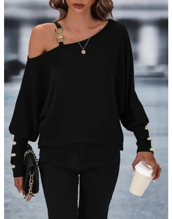 Kadın Uzun Kollu Tek Omuzdan Açık Askı Detaylı Waffle Bluz