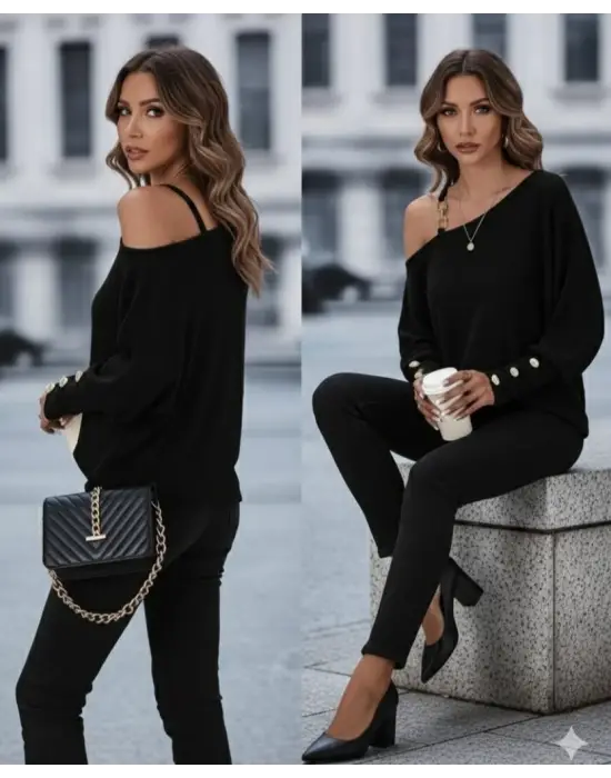 Kadın Uzun Kollu Tek Omuzdan Açık Askı Detaylı Waffle Bluz