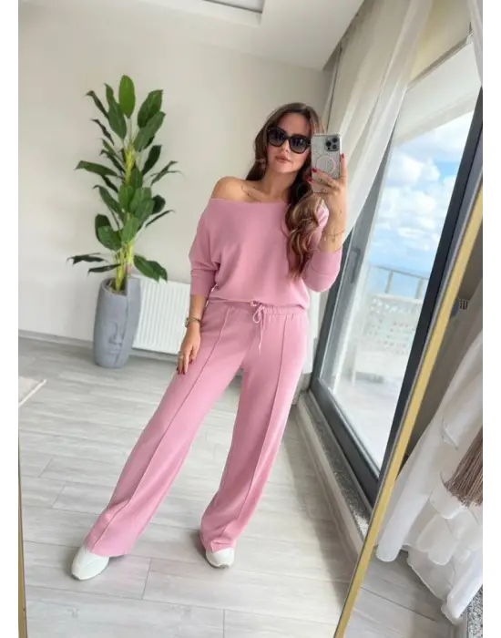 Kadın Uzun Kollu Tek Omuzdan Açık Dalgıç Bluz Ve Pantolon Ikili Takım