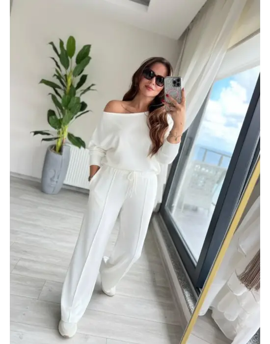 Kadın Uzun Kollu Tek Omuzdan Açık Dalgıç Bluz Ve Pantolon Ikili Takım