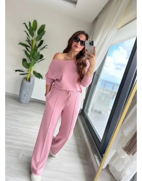 Kadın Uzun Kollu Tek Omuzdan Açık Dalgıç Bluz Ve Pantolon Ikili Takım