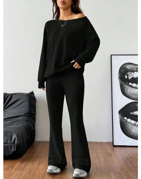 Kadın Uzun Kollu Tek Omuzdan Açık Iki Iplik Bluz Ve Pantolon Ikili Takım