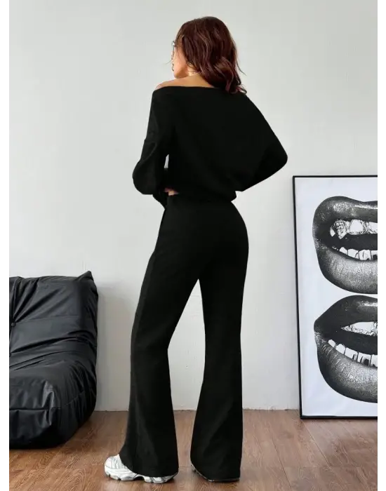 Kadın Uzun Kollu Tek Omuzdan Açık Iki Iplik Bluz Ve Pantolon Ikili Takım
